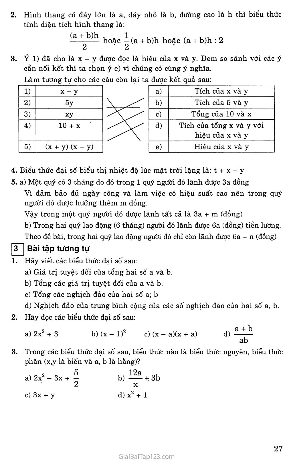 Bài 1. Khái niệm về biểu thức đại số trang 3