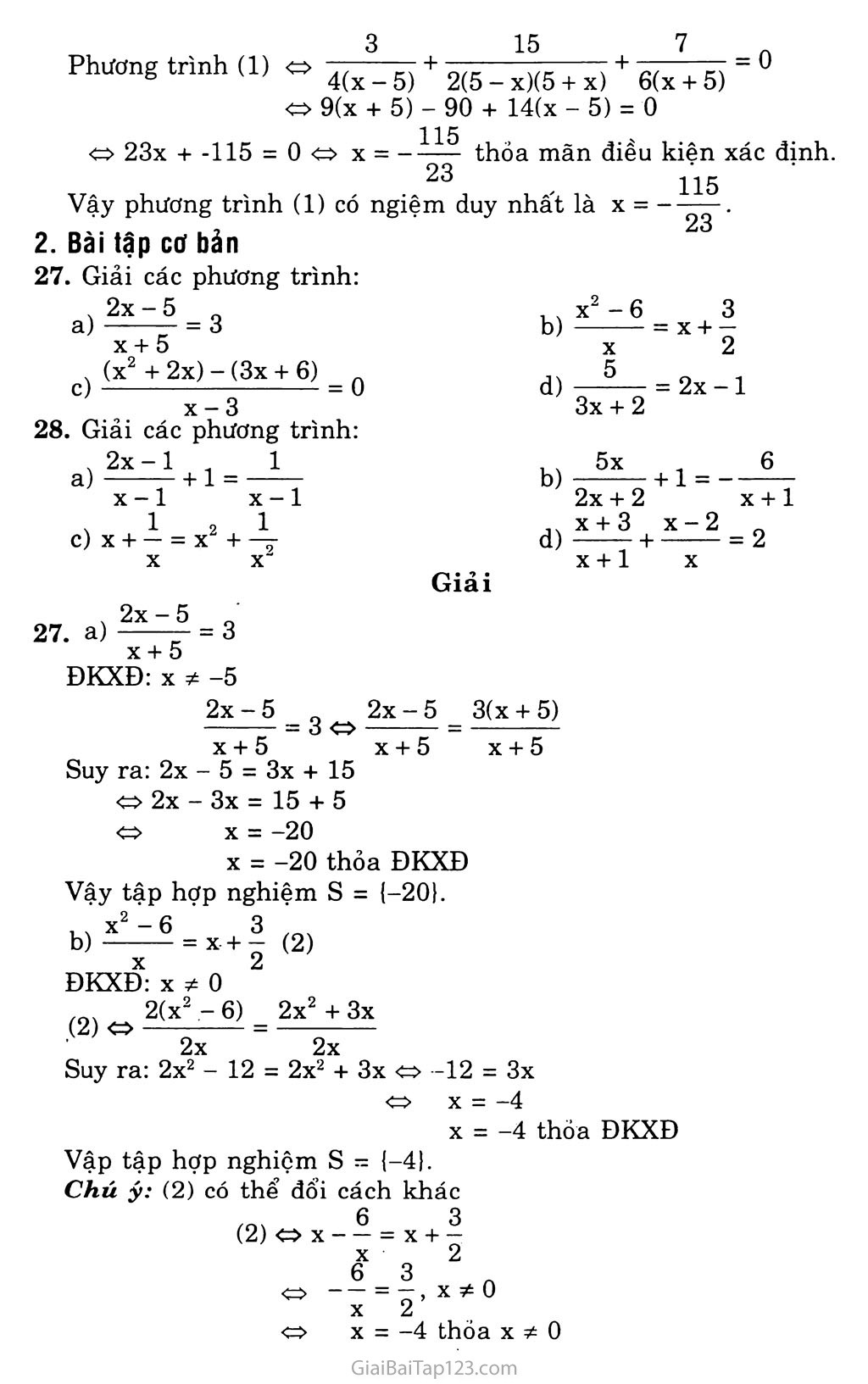 Giải bài tập Toán lớp 8: Bài 5. Phương trình chứa ẩn ở mẫu