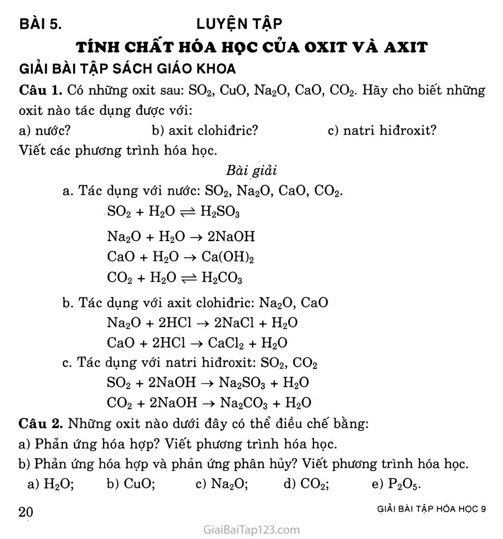 Bài 5. Luyện tập: Tính chất hóa học của oxit và axit trang 1