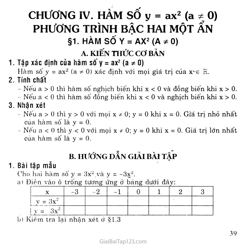 Bài 1. Hàm số y = ax2 (a khác 0) trang 1
