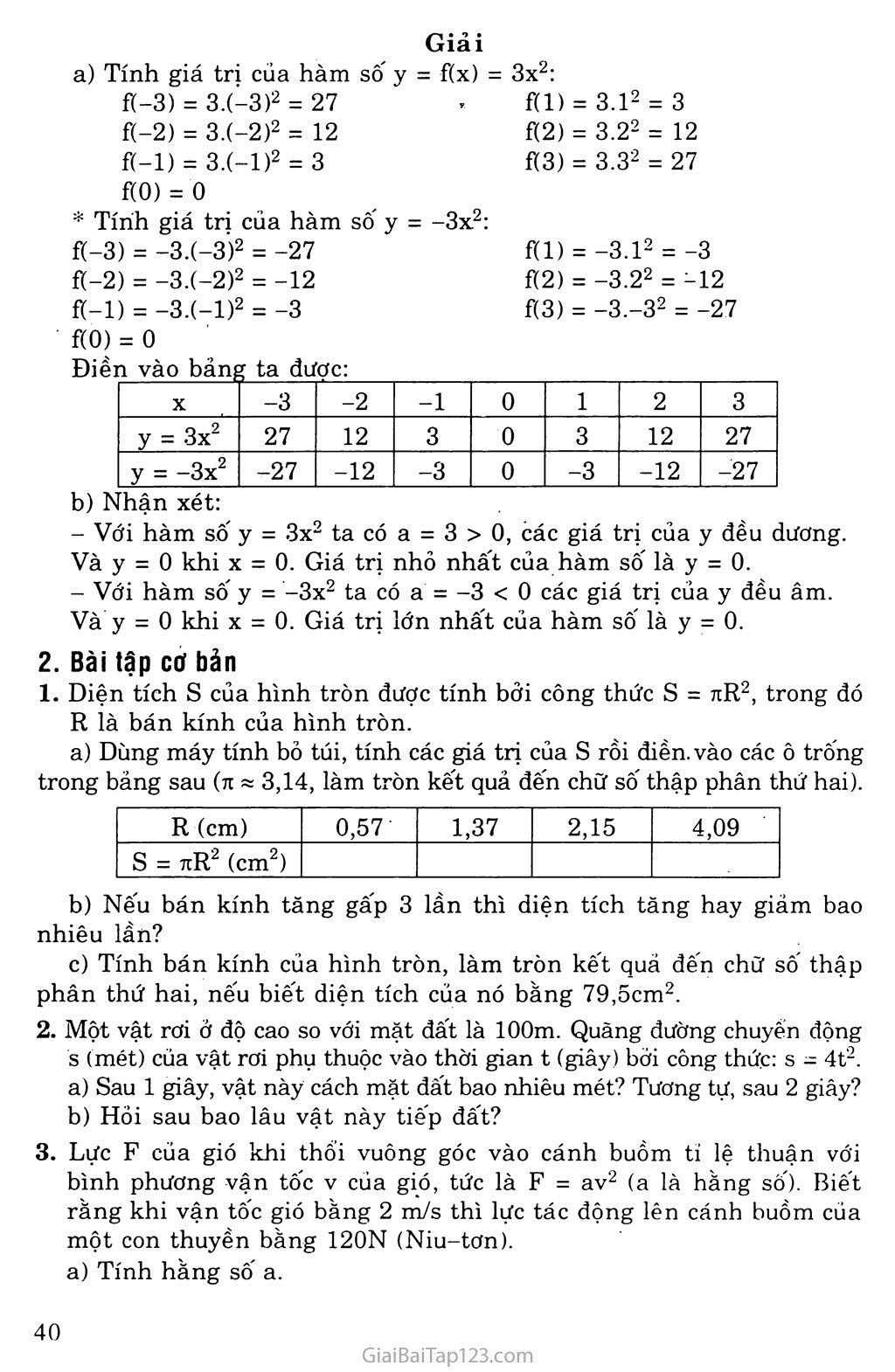 Bài 1. Hàm số y = ax2 (a khác 0) trang 2