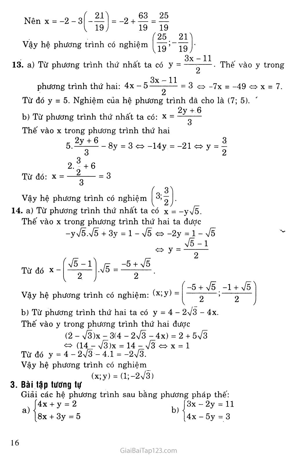 Bài 3. Giải hệ phương trình bằng phương pháp thay thế trang 3