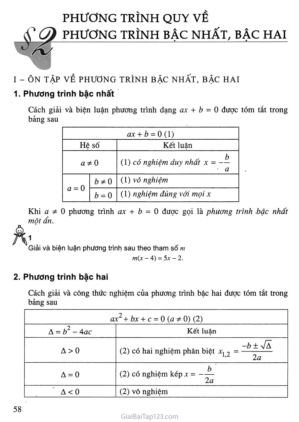 Bài 2. Phương trình quy về phương trình bậc nhất, bậc hai trang 1