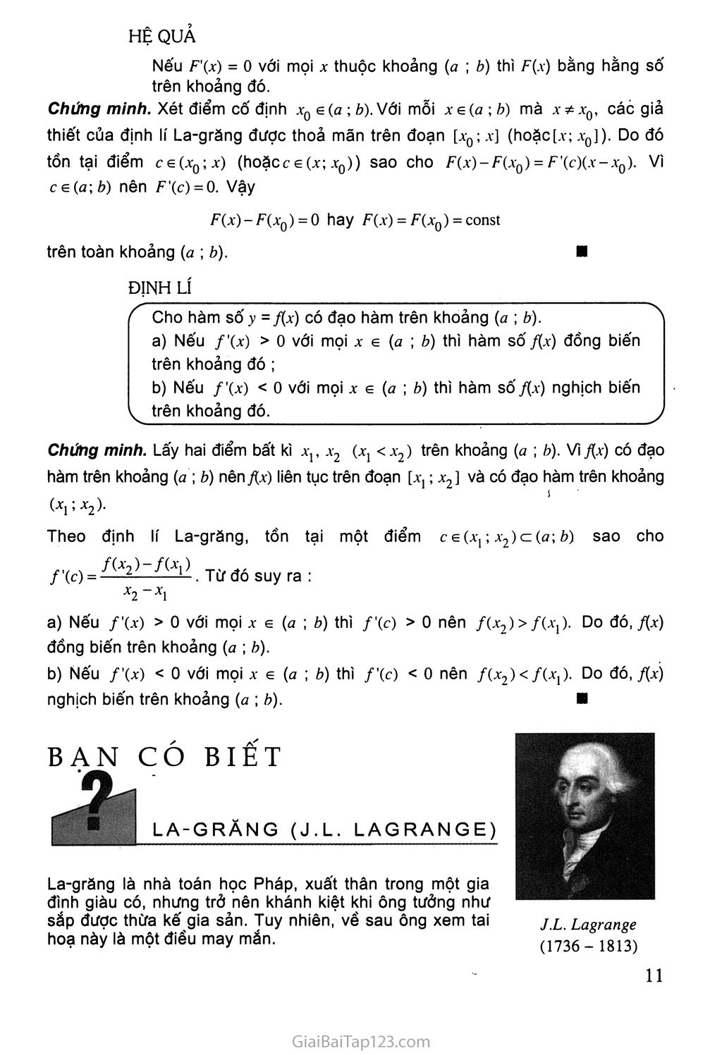 Bài 1. Sự đồng biến, nghịch biến của hàm số - Bài đọc thêm: Tính chất đơn điệu của hàm số - Bạn có biết: La - garăng (J. L. Lagrange) trang 9