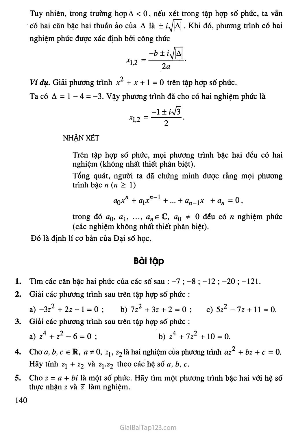 Bài 4. Phương trình bậc hai với hệ số thực - Bài đọc thêm: Phương trình đại số trang 2