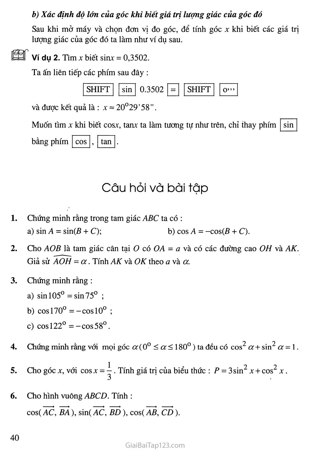 Bài 1. Giá trị lượng giác của một góc bất kỳ từ 0 độ đến 180 độ - Câu hỏi và bài tập trang 7