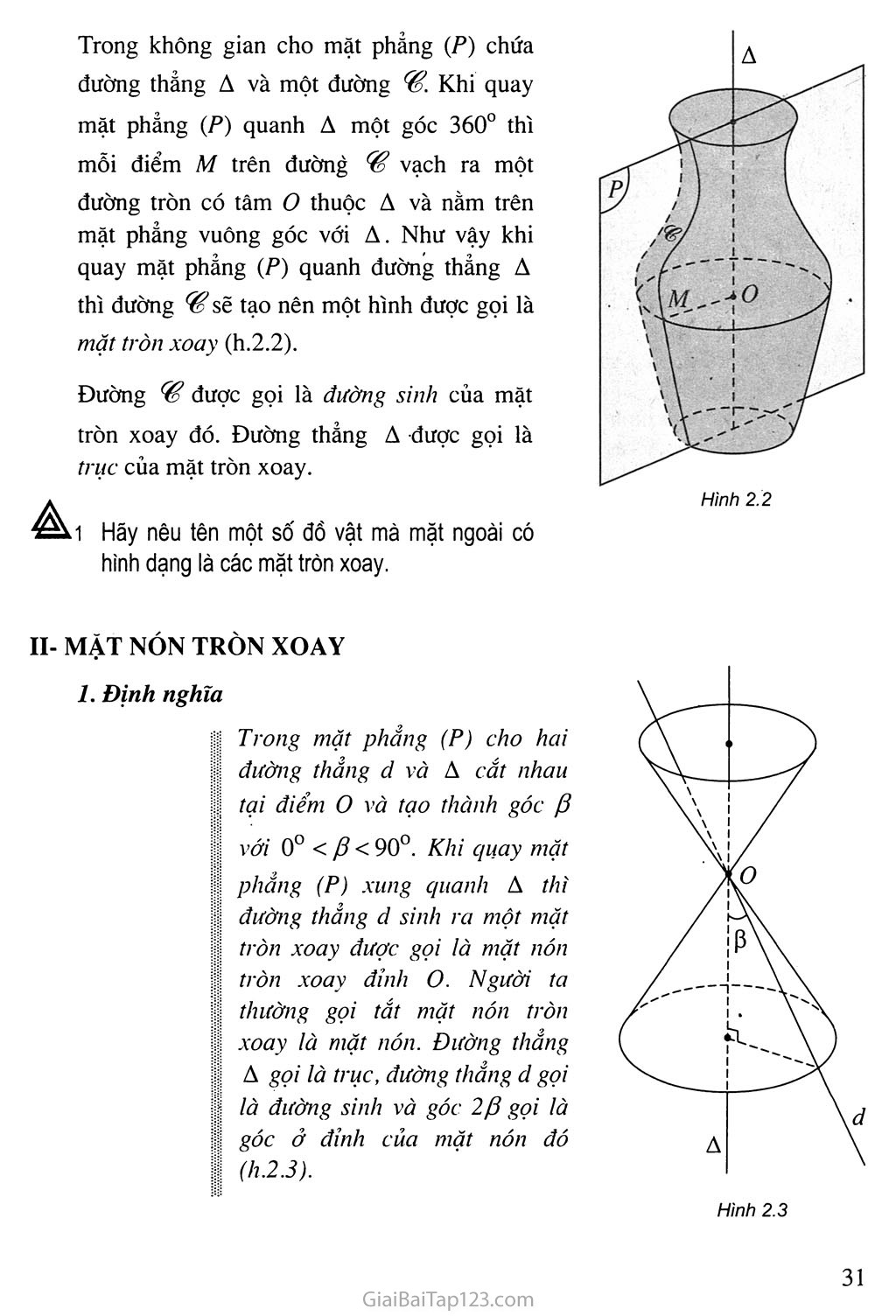Bài 1. Khái niệm vè mặt tròn xoay trang 3