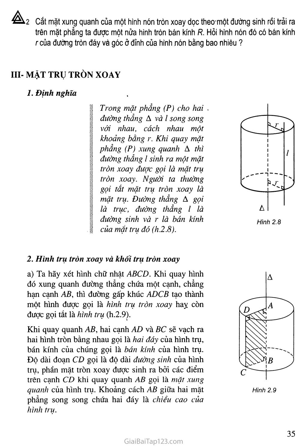 Bài 1. Khái niệm vè mặt tròn xoay trang 7
