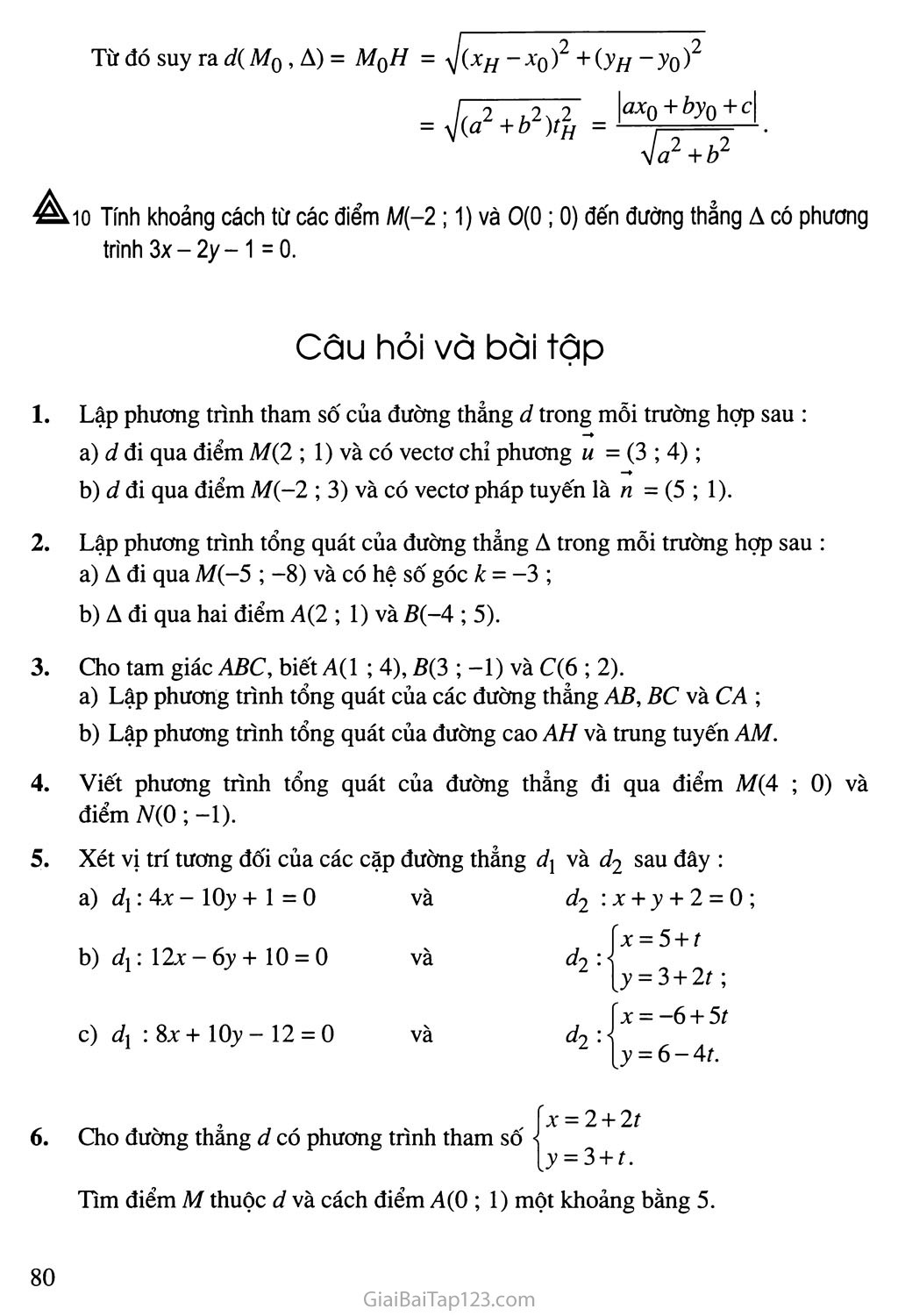 Bài 1. Phương trình đường thẳng - Câu hỏi và bài tập trang 12