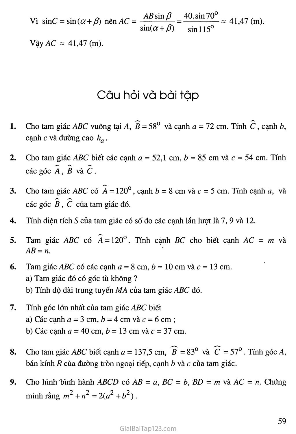Bài 3. Các hệ thức lượng trong tam giác và giải tam giác - Câu hỏi và bài tập trang 14