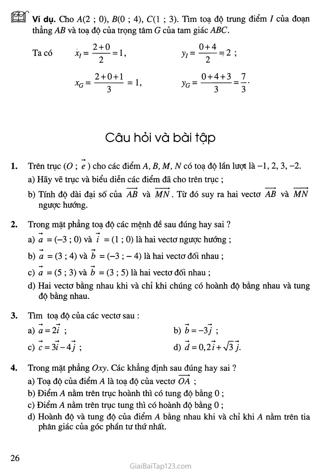 Bài 4. Hệ trục tọa độ - Câu hỏi và bài tập trang 7