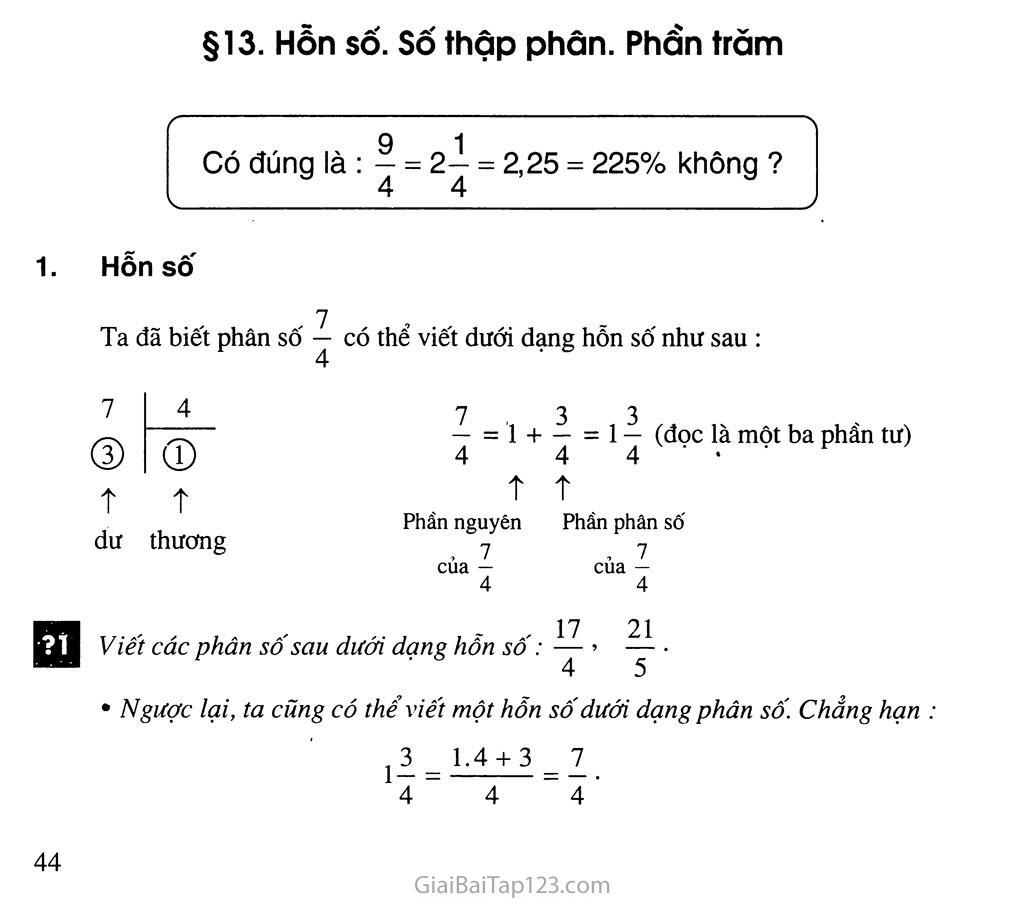 Bài 13. Hỗn số - Số thập phân - Phần trăm trang 1