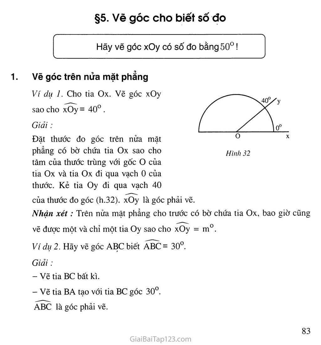 Bài 5. Vẽ góc cho biết số đo trang 1 Bài 5. Vẽ góc cho biết số đo trang 1