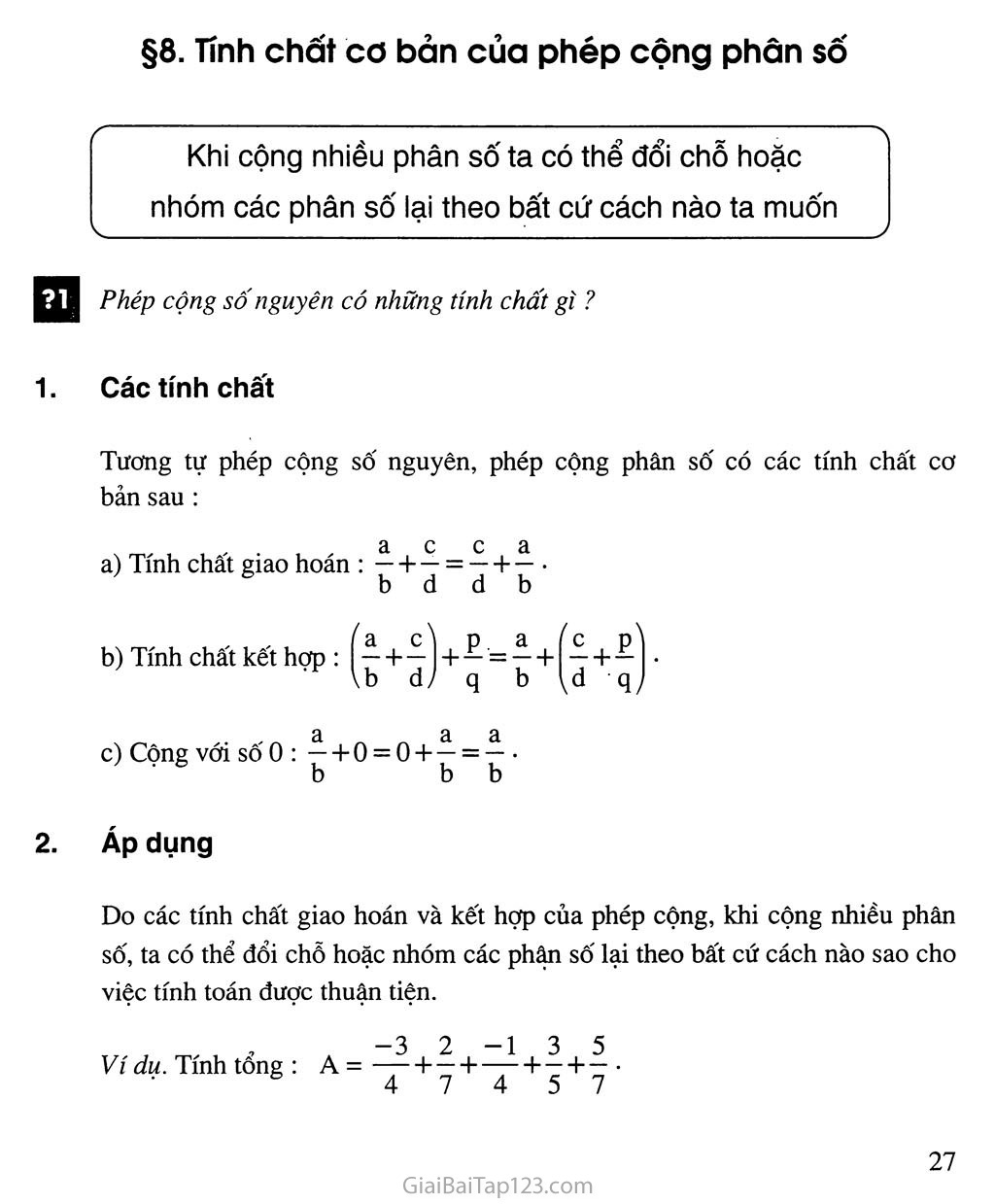 Bài 8. Tính chất cơ bản của phép cộng phân số trang 1 Bài 8. Tính chất cơ bản của phép cộng phân số trang 1