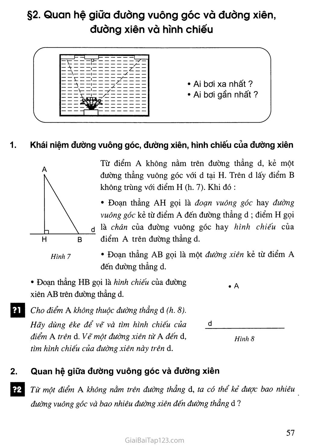 Bài 2. Quan hệ giữa đường vuông góc và đường xiên, đường xiên và hình chiếu trang 1