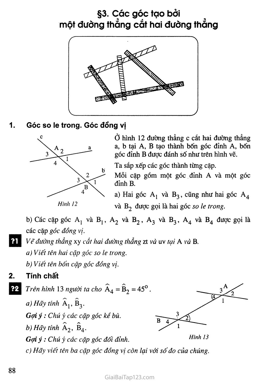 Bài 3. Các góc tạo bởi một đường thẳng cắt hai đường thẳng trang 1