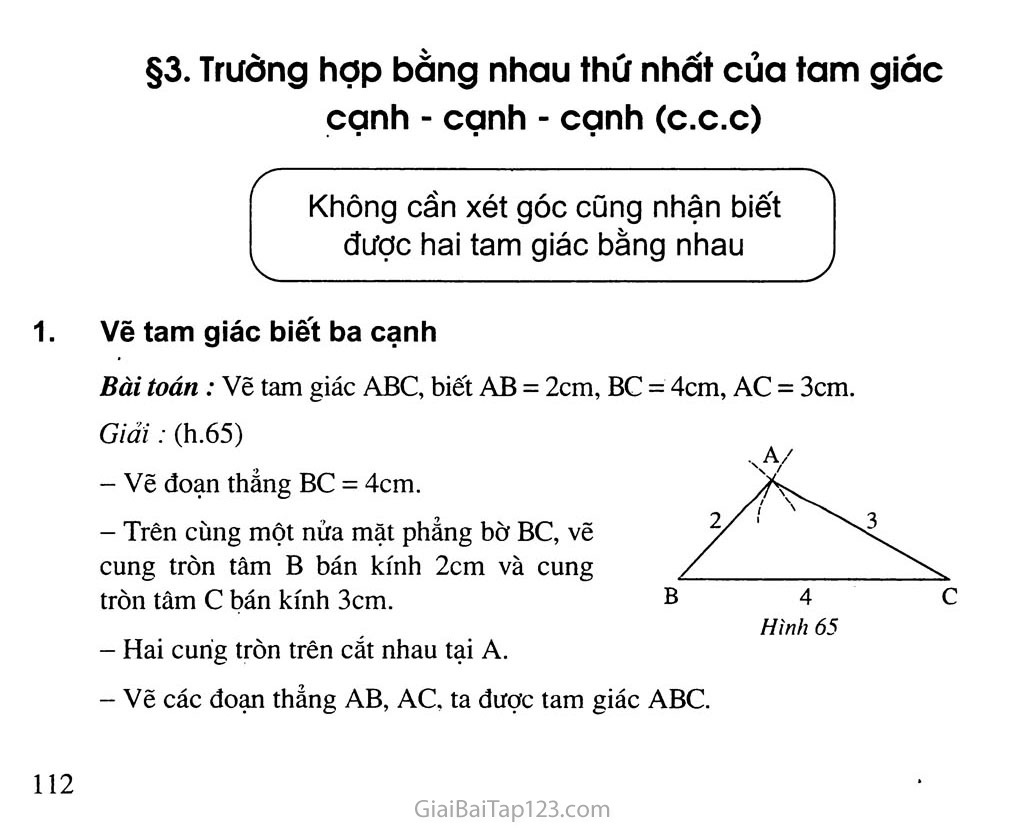 Bài 3. Trường hợp bằng nhau thứ nhất của tam giác: cạnh - cạnh - cạnh (c. c. c) trang 1