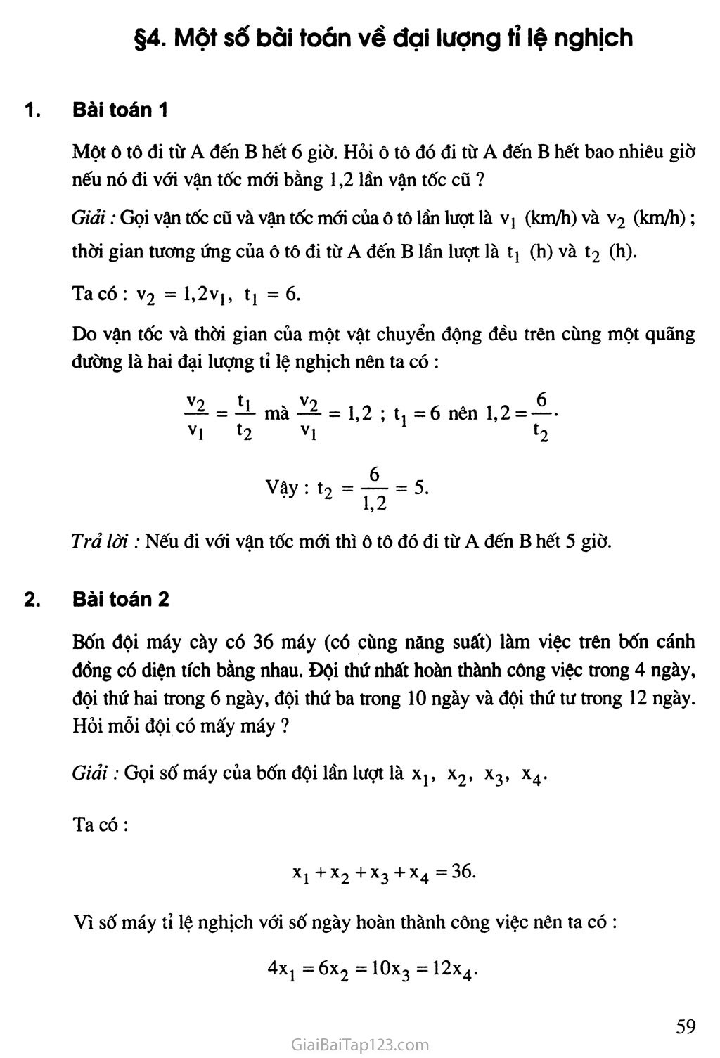 Bài 4. Một số bài toán về đại lượng tỷ lệ nghịch trang 1