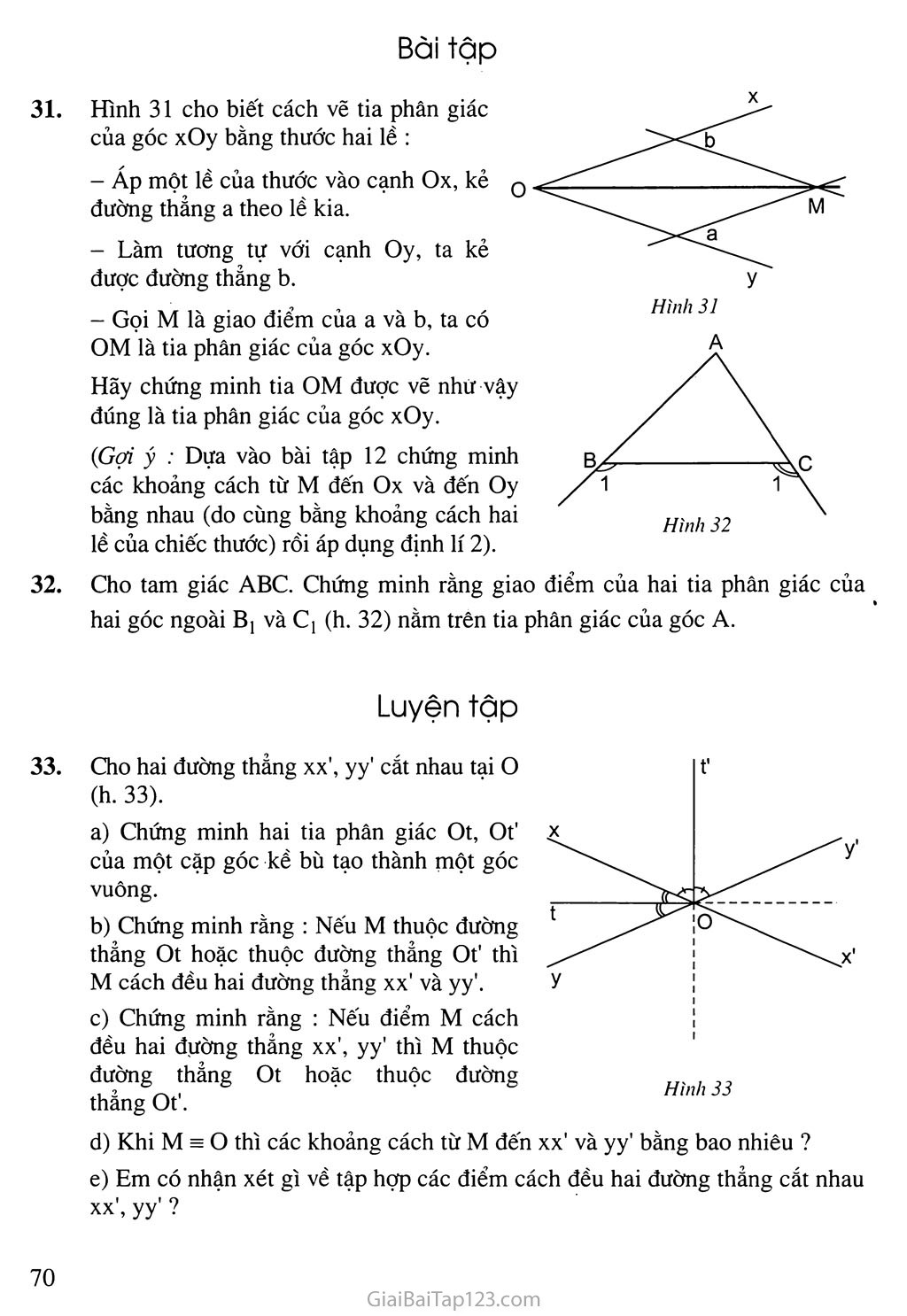 SGK Toán 7 - Bài 5. Tính chất tia phân giác của một góc