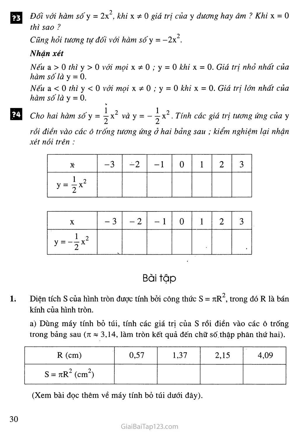 Bài 1. Hàm số y = ax2 (a khác 0) trang 3