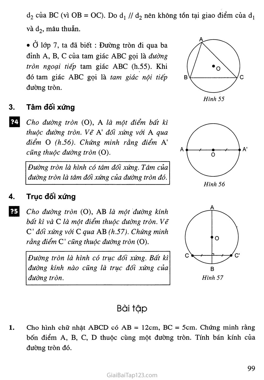 SGK Toán 9 - Bài 1. Sự xác định đường tròn - Tính chất đối xứng ...