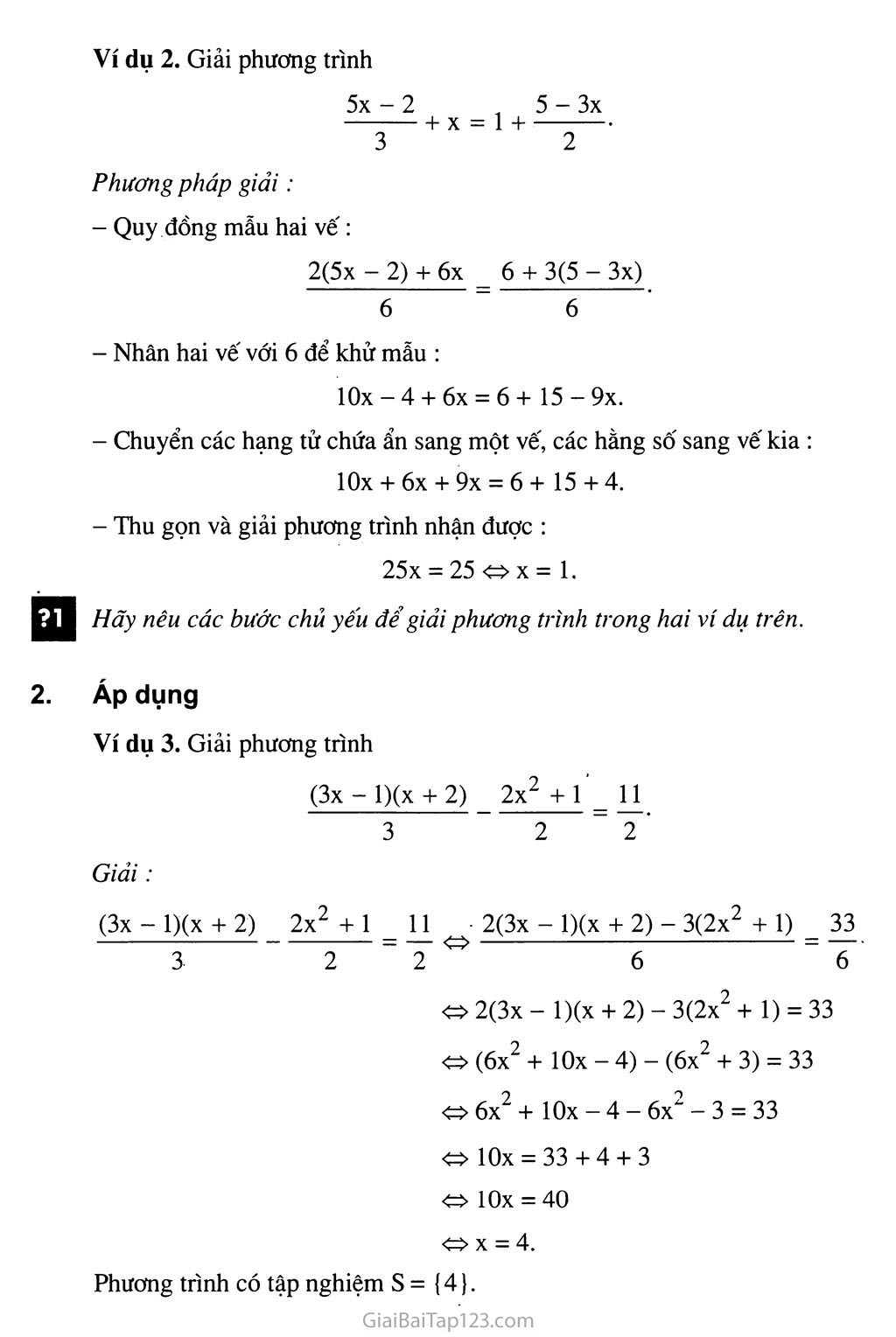 Bài 3. Phương trình đưa được về dạng ax + b = 0 trang 2