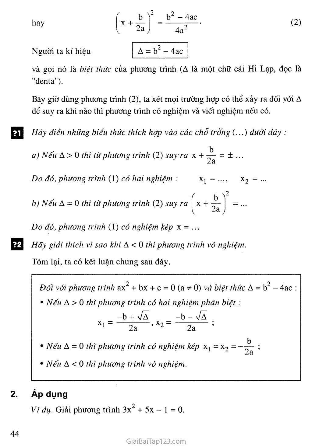 Bài 4. Công thức nghiệm của phương trình bậc hai trang 2