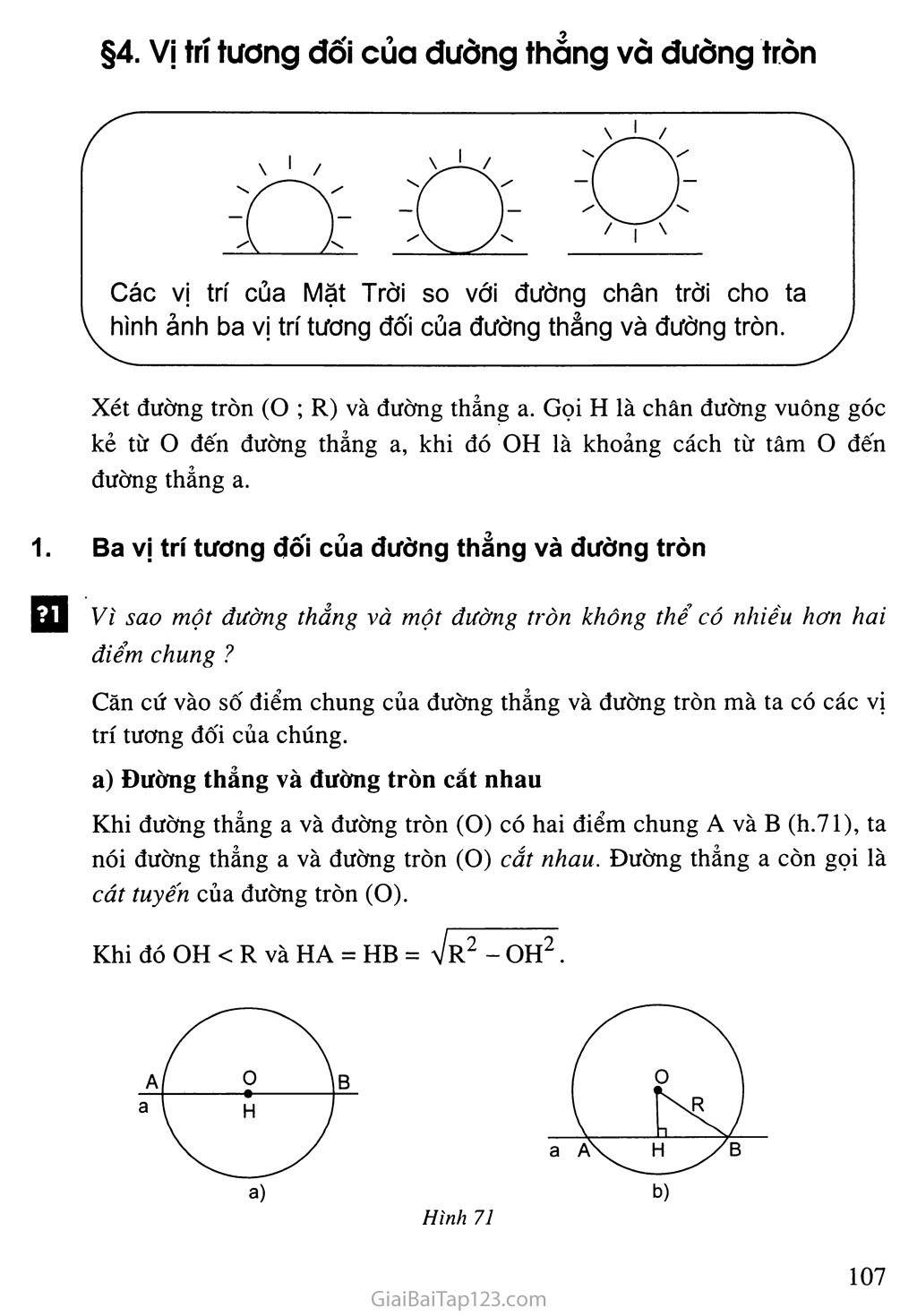 Bài 4. Vi trí tương đối của đường thẳng và đường tròn trang 1 Bài 4. Vi trí tương đối của đường thẳng và đường tròn trang 1