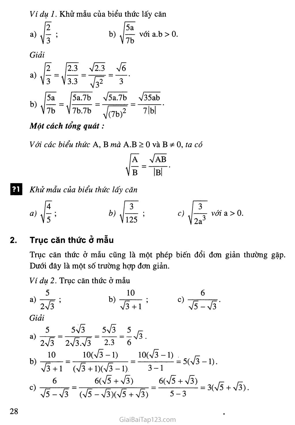 Bài 7. Biến đổi đơn giản biểu thức chứa căn thức bậc hai (tiếp theo) trang 2