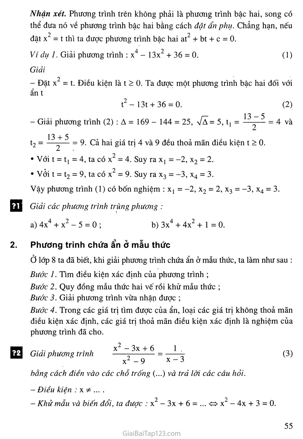 Bài 7. Phương trình qui về phương trình bậc hai trang 2