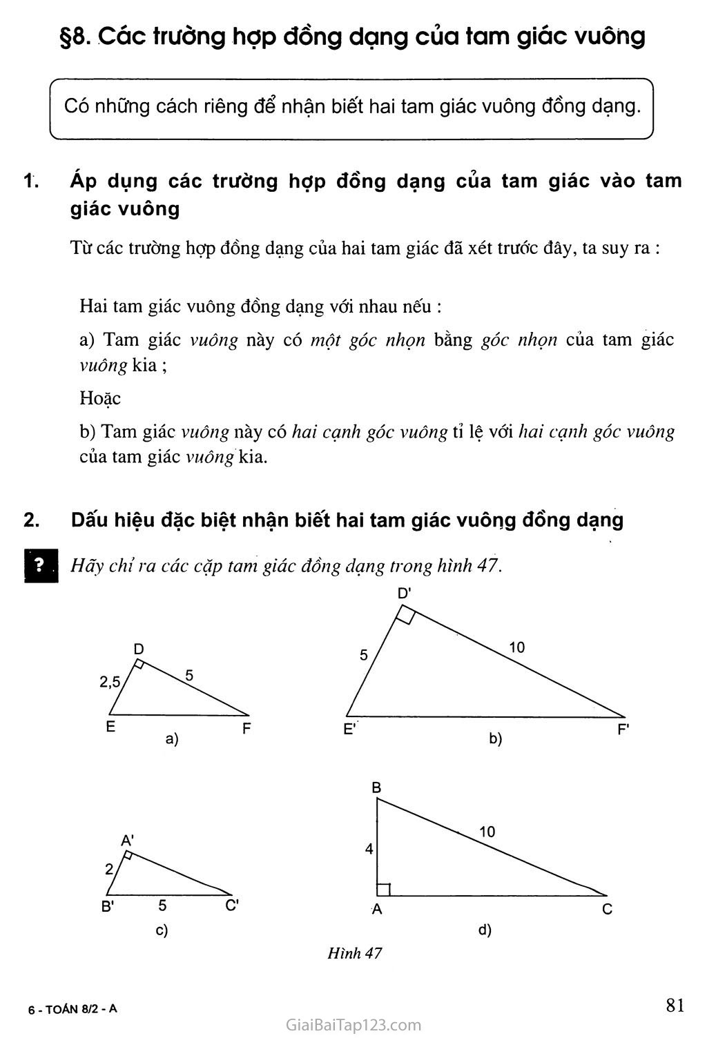 Bài 8. Các trường hợp đồng dạng của tam giác vuông trang 1