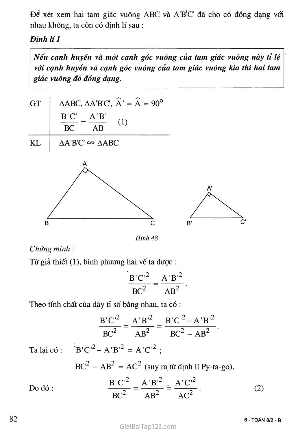 Bài 8. Các trường hợp đồng dạng của tam giác vuông trang 2