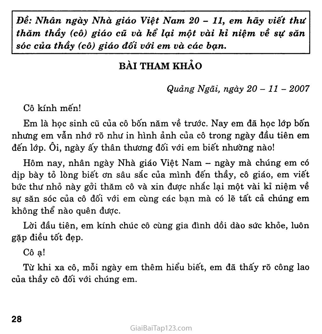 Đề: Nhân ngày Nhà giáo Việt Nam 20 - 11, em hãy viết thư thăm thầy (cô) giáo cũ và kể lại một vài kỉ niệm về sự săn sóc của thầy (cô) giáo đối với em và các bạn trang 1