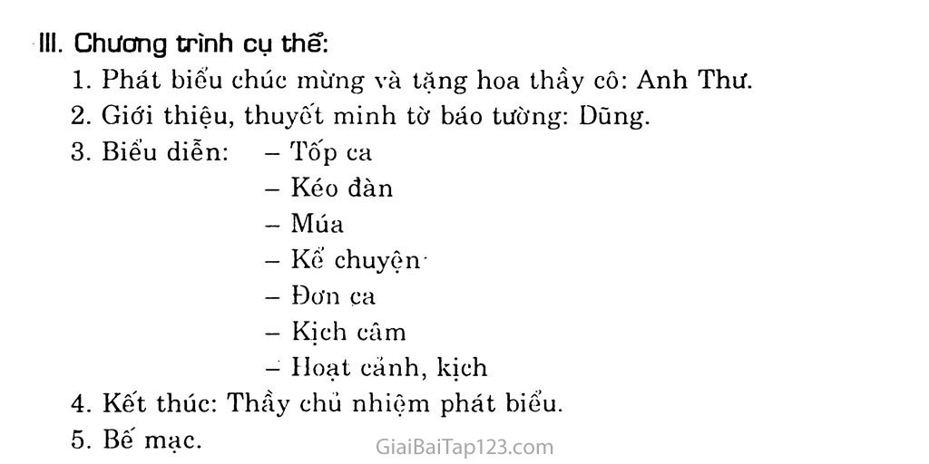 Đề 13: Để chào mừng Ngày Nhà giáo Việt Nam 20-11 lớp em có tổ chức một buổi liên hoan văn nghệ tại trường. Em hãy lập chương trình hoạt động của lớp để buổi liên hoan văn nghệ thành công tốt đẹp trang 2