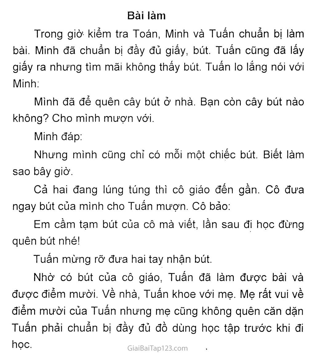 Đề: Dựa vào tranh vẽ (Trang 40 - SGK Tiếng Việt 2 - Tập 1), kể lại câu chuyện Bút của cô giáo trang 2