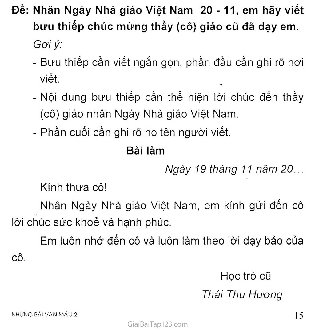 Đề: Nhân Ngày Nhà Giáo Việt Nam 20 - 11, Em Hãy Viết Bưu Thiếp Chúc Mừng  Thầy (Cô) Giáo Cũ Đã Dạy Em