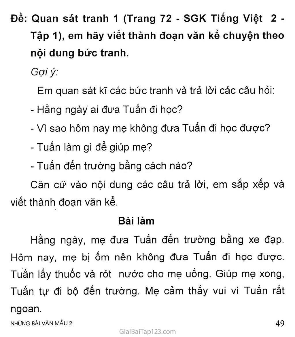 Đề: Quan sát tranh 1 (Trang 72 - SGK Tiếng Việt 2 - Tập 1), em hãy viết thành đoạn văn kể chuyện theo nội dung bức tranh trang 1