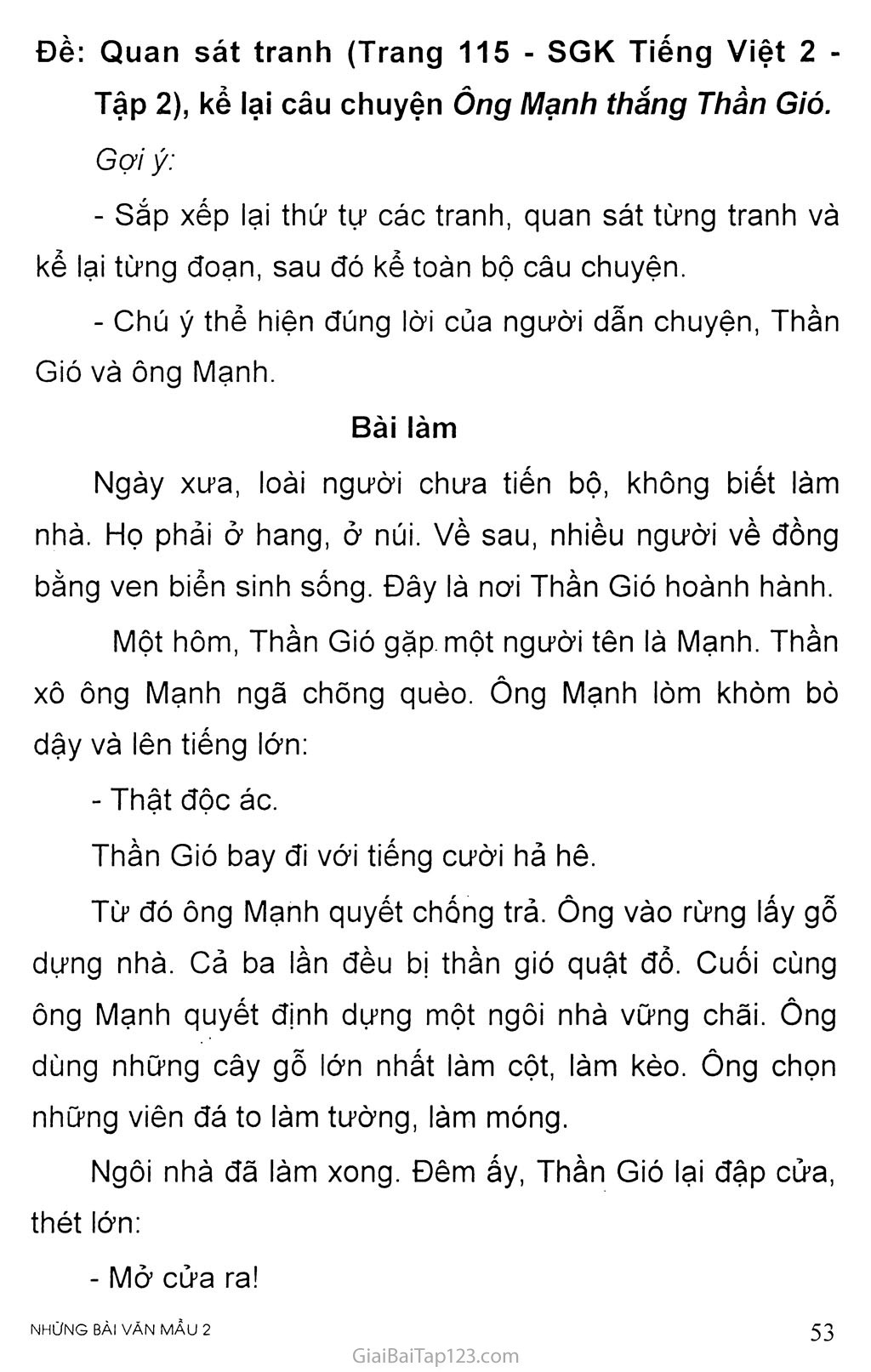 Đề: Quan sát tranh (Trang 115 - SGK Tiếng Việt 2 - Tập 2), kể lại câu chuyện Ông Mạnh thắng Thần Gió trang 1
