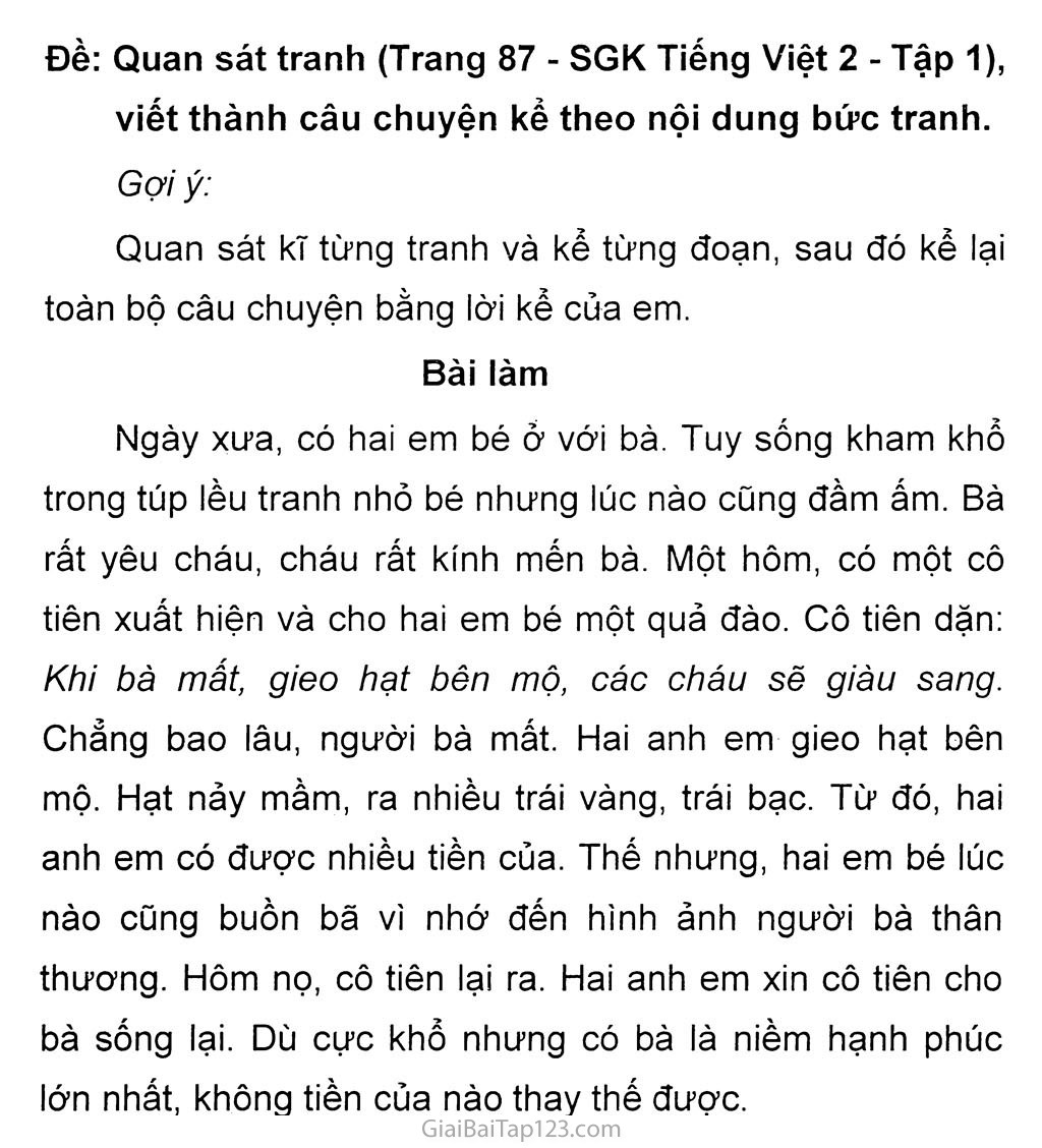 Đề: Quan sát tranh (Trang 87 - SGK - Tiếng Việt 2 - Tập 1), viết thành câu chuyện kể theo nội dung bức tranh trang 1