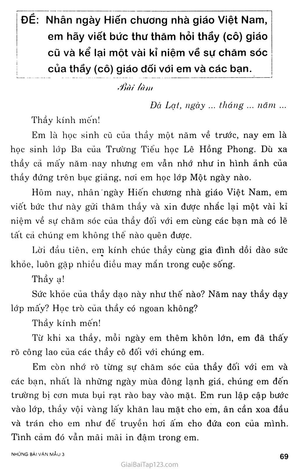 Nhân ngày Hiến chương nhà giáo Việt Nam, em hãy viết bức thư thăm ...