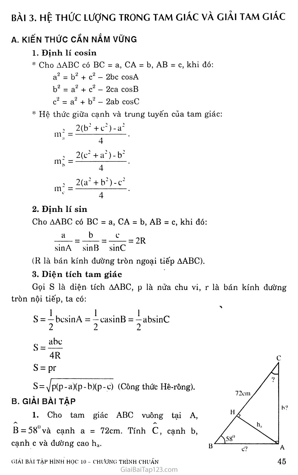 Bài 3. Hệ thức lượng trong tam giác và giải tam giác trang 1