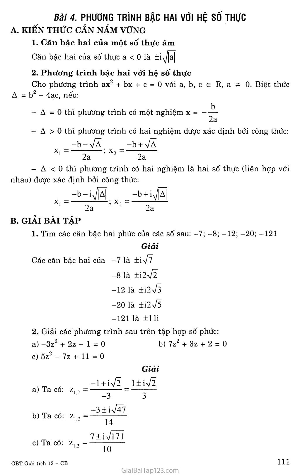 Bài 4. Phương trình bậc hai với hệ số thực trang 1
