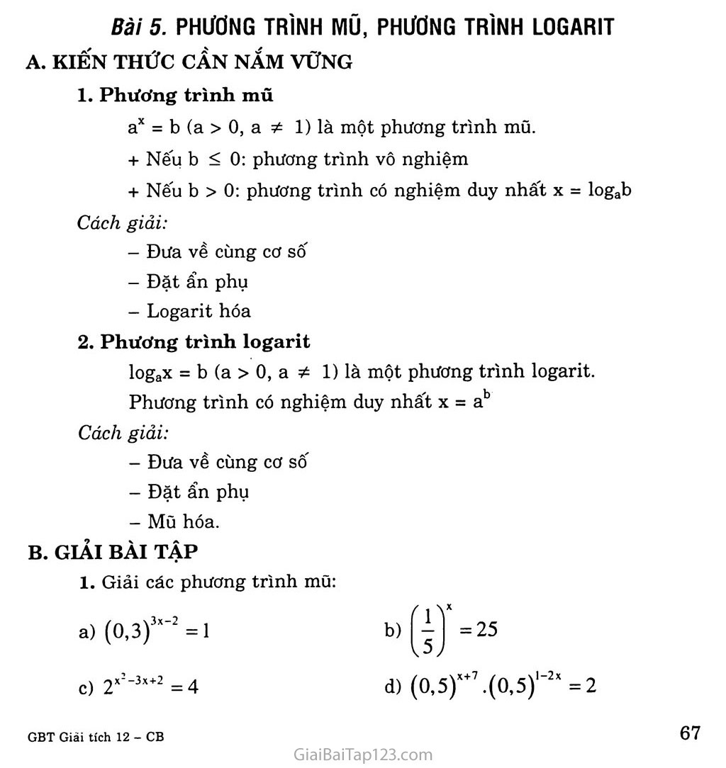 Bài 5. Phương trình mũ và phương trình lôgarit trang 1