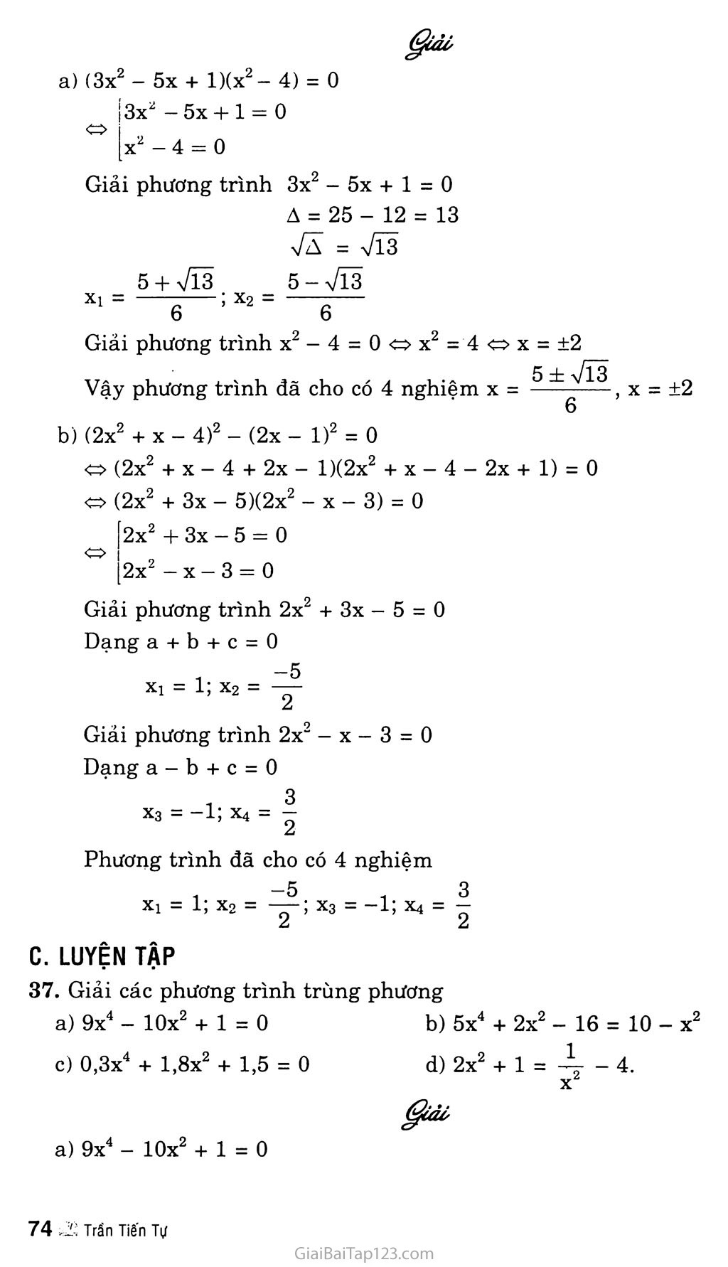 Bài 7. Phương trình qui về phương trình bậc hai trang 4