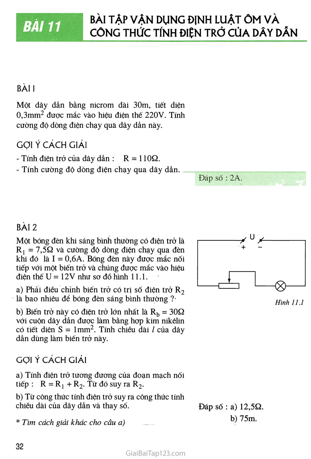 Bài 11 Bài tập vận dụng định luật ôm và công thức tính điện trở của dây dẫn trang 1