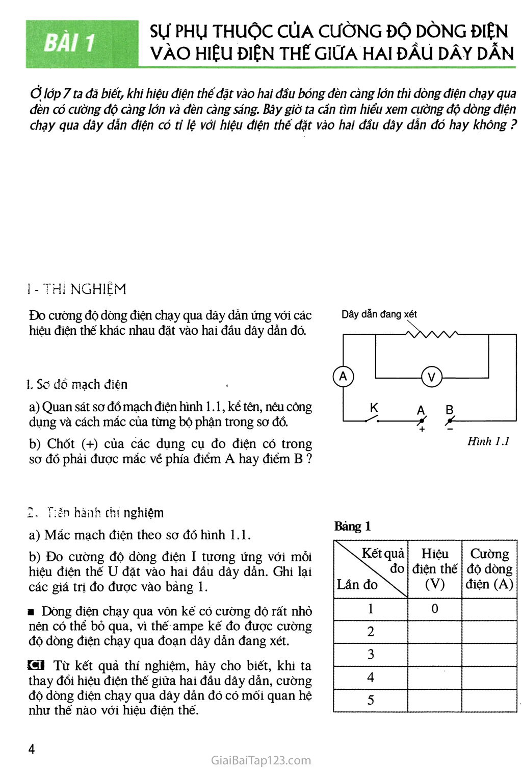 Bài 1 Sự phụ thuộc của cường độ dòng điện vào hiệu điện thế giữa hai đầu dây dẫn trang 1