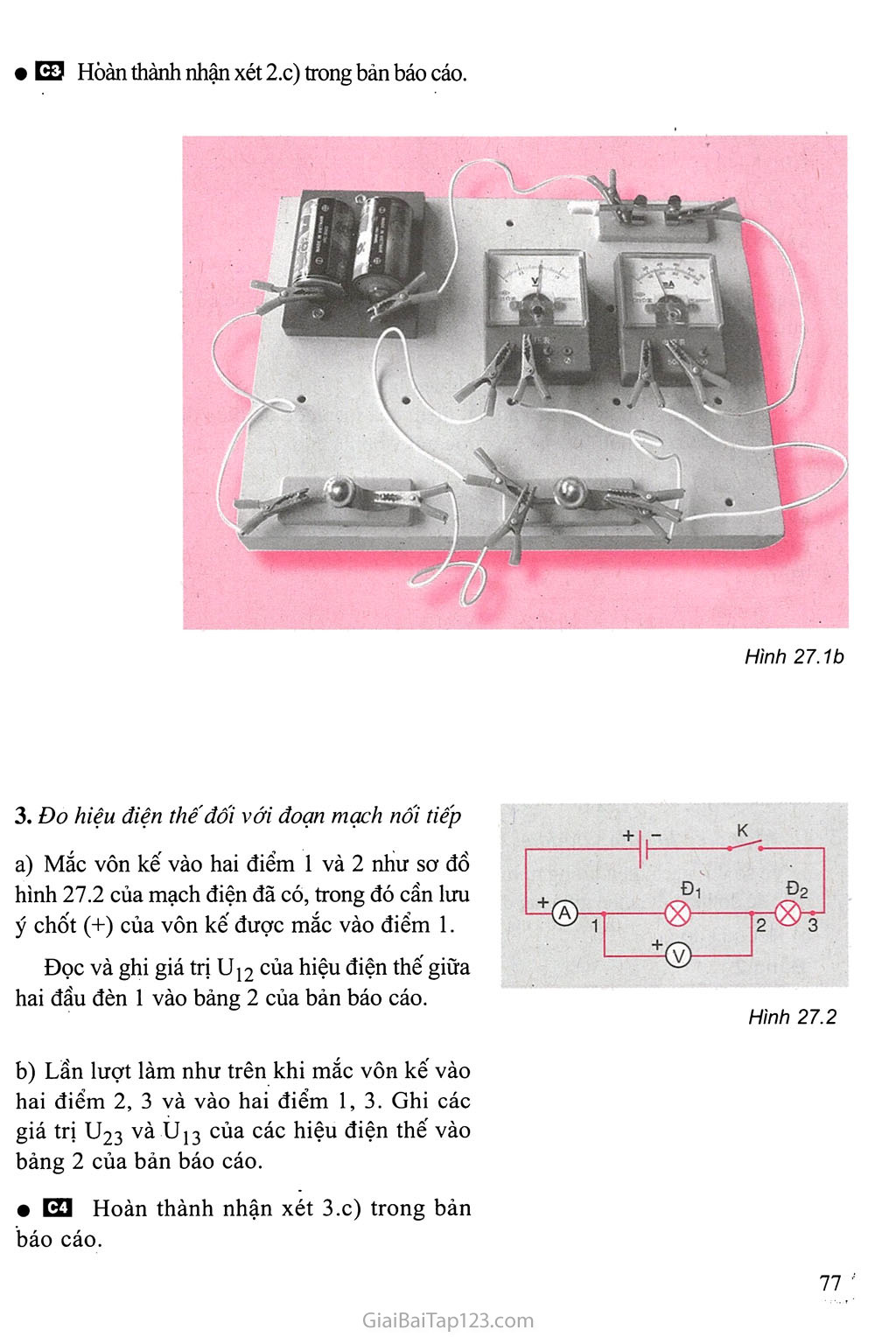 Bài 27. Thực hành: Đo cường độ dòng điện và hiệu điện thế đối với đoạn mạch nối tiếp trang 2