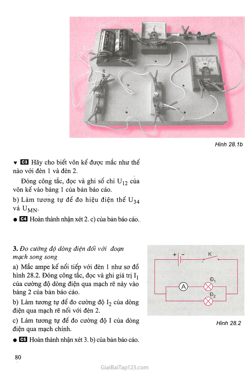 Bài 28. Thực hành: Đo hiệu điện thế và cường độ dòng điện đối với đoạn mạch song song trang 2