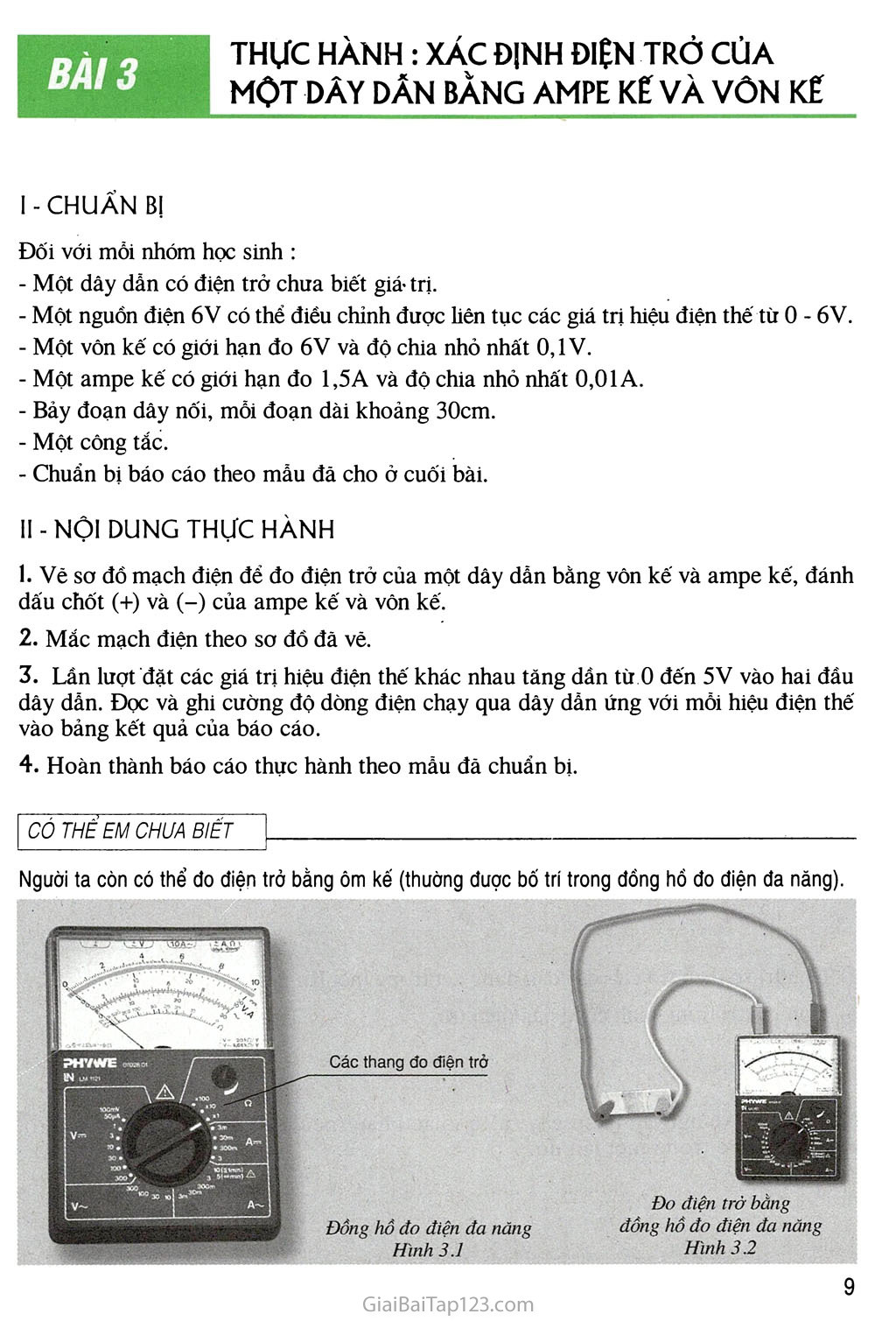 Bài 3 Thực hành: Xác định điện trở của một dây dẫn bằng ampe kế và vôn kế trang 1