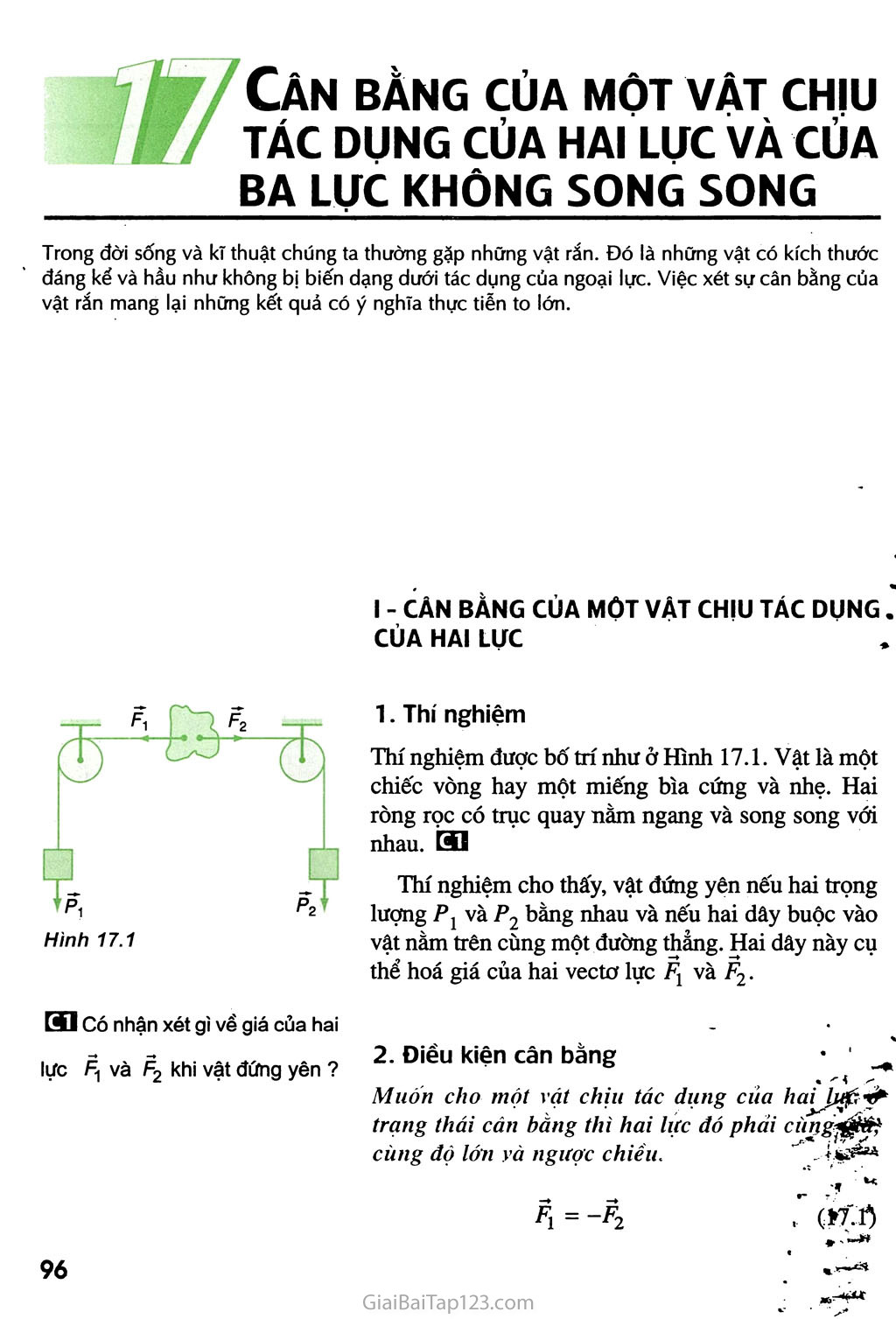 Bài 17. Cân bằng của một vật chịu tác dụng của hai lực và của ba lực không song song trang 1